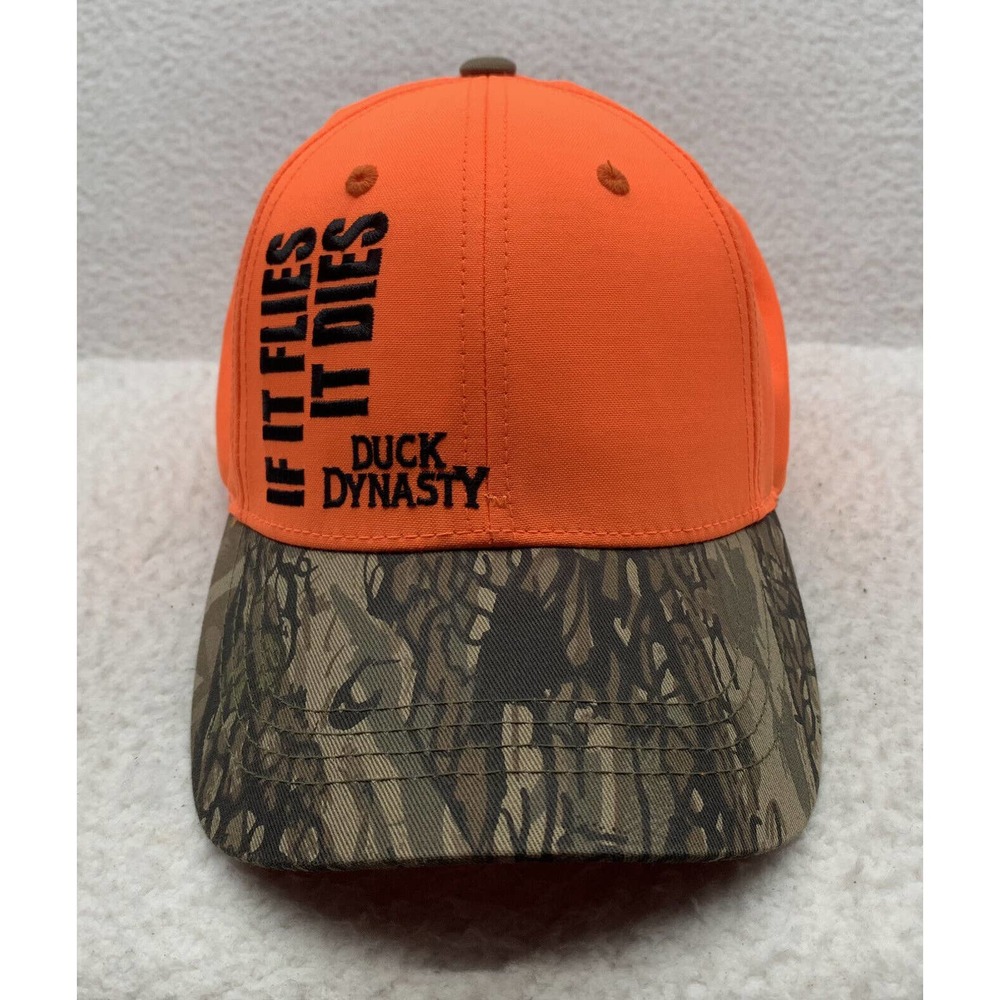 A&E Duck Dynasty Camo Hat Cap Mens Hook Loop Blaze Orange Safety Flies It Dies